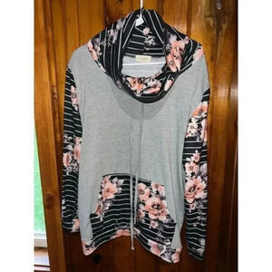 Floral‎ Striped Cowl Neck Sweatshirt Gray Black Pink Long Sleeve Pullover